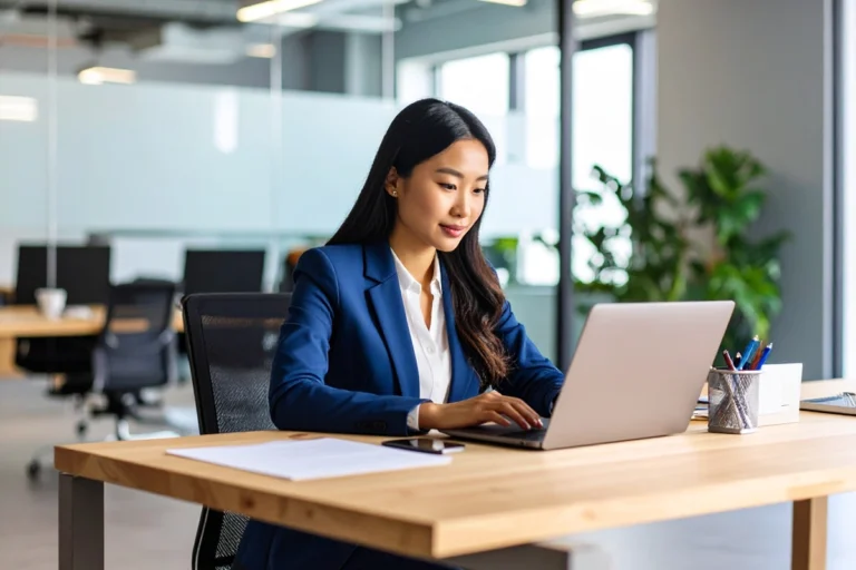 Vrouwelijke medewerker bij een gemeente werkt op kantoor op een laptop. Haar werk is een stuk makkelijker door de zaaksysteem koppeling.